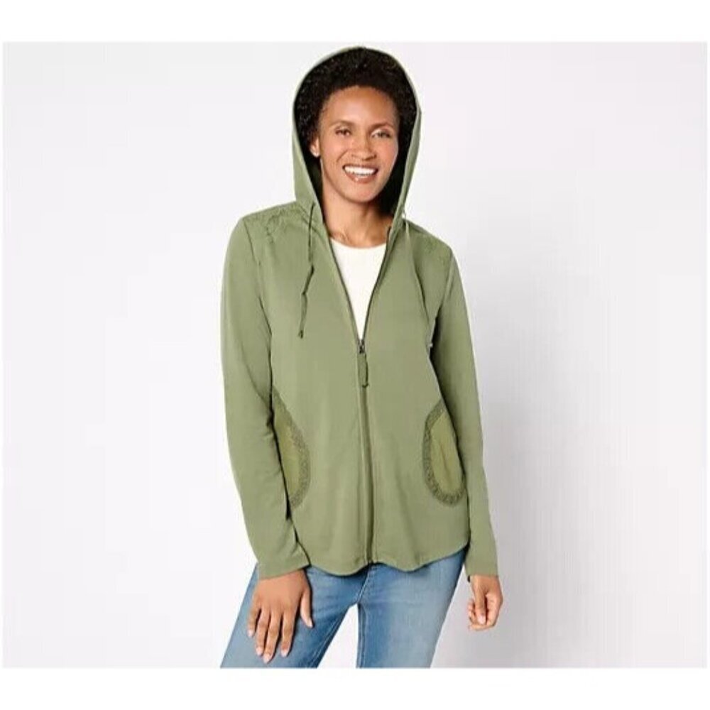 LOGO Life by Lori Goldstein Zip Front Hoodie w\ Crochet Olivine X-Small A659318